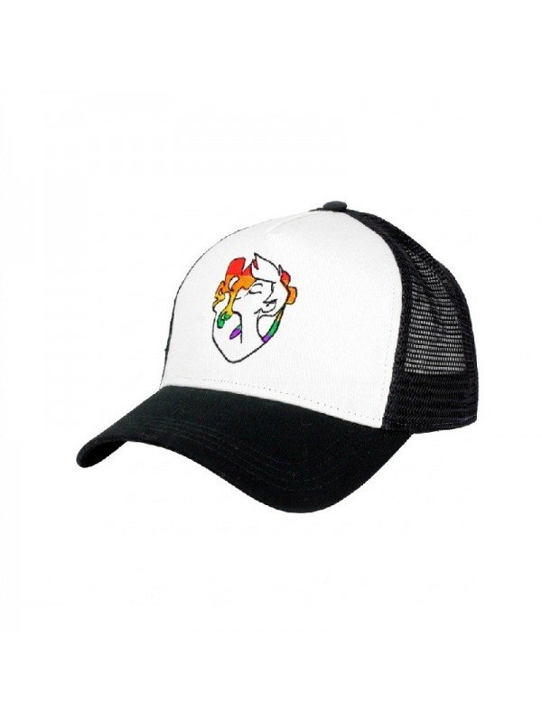 Shop the Top Hats Pride trucker cap featuring a heart and rainbow character embroidery. An original mesh cap celebrating diversi