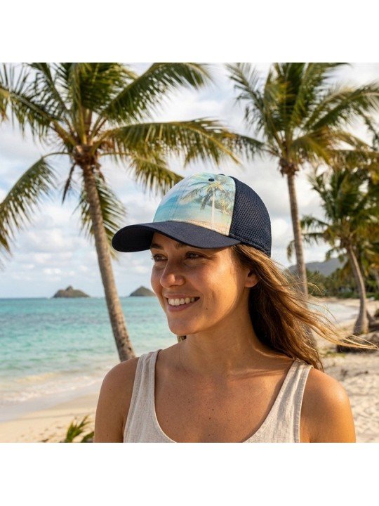 Adult Beach Palm Tree Cap | Tropical Print with PVC Adjustable Closure