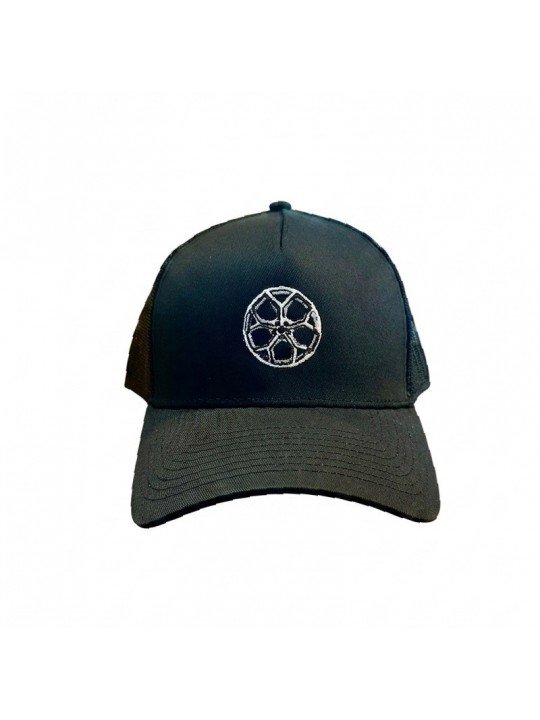 Black Top Hats Trucker Cap with Embroidered Wheel Design