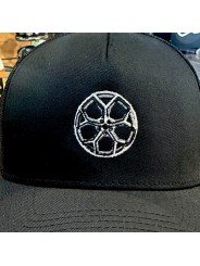 Black Top Hats Trucker Cap with Embroidered Wheel Design