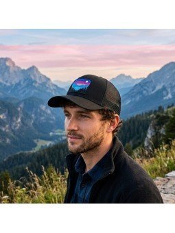 Gorra Top Hats con Bordado de Montañas en Tonos Azul y Rosa