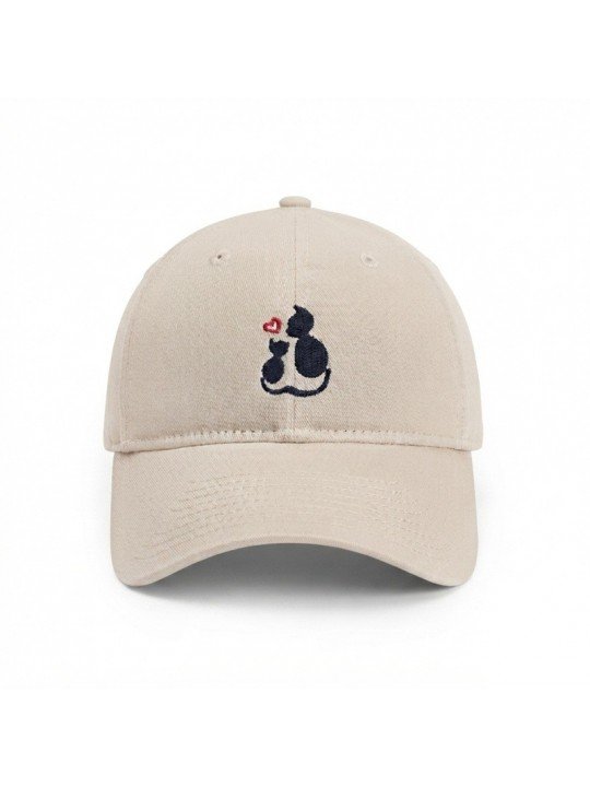 Top Hats Soft Crown Cap with Embroidered Two Cats and Heart