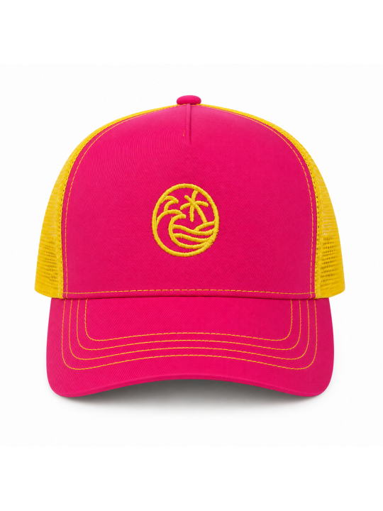 Gorra Trucker Rosa y Amarilla Bordada | Palmera y Olas