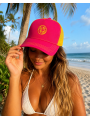 Gorra Trucker Rosa y Amarilla Bordada | Palmera y Olas