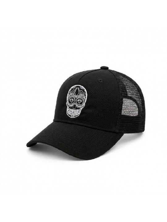 Trucker Cap with Embroidered Mexican Skull | Top Hats