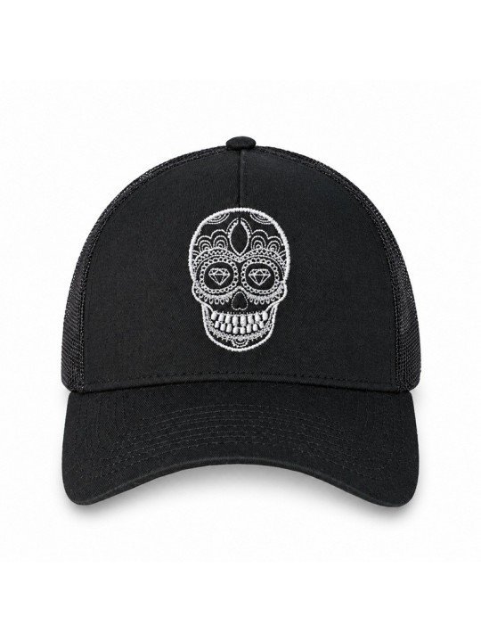 Trucker Cap with Embroidered Mexican Skull | Top Hats