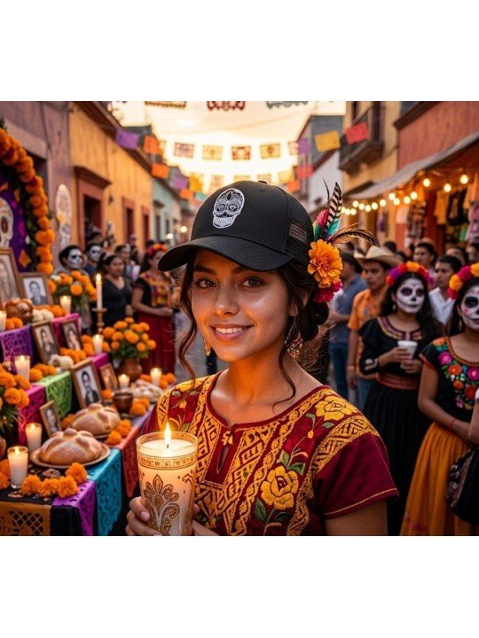 Trucker Cap with Embroidered Mexican Skull | Top Hats